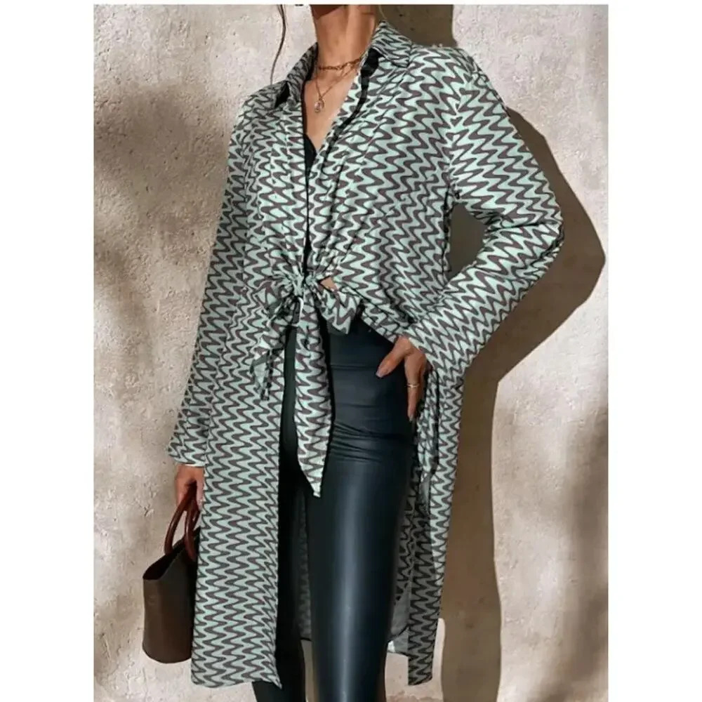 NWT Zara XS The Lissie Shirt Cover Up Front Tie Long Sleeve Shirt Mint Brown
